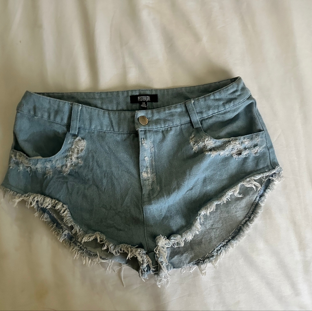 Dollskill Blue Jean Shorts with Distressed Style and Frayed Hem